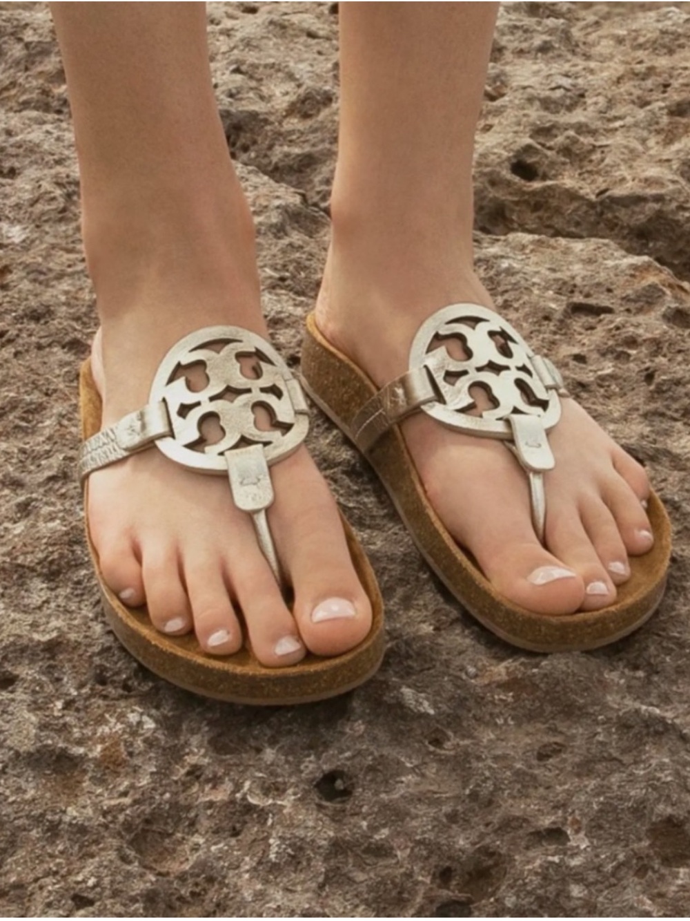 Tory Burch Metallic Silver Logo Cork Wedge Thong Sandals - Picture 5 of 12